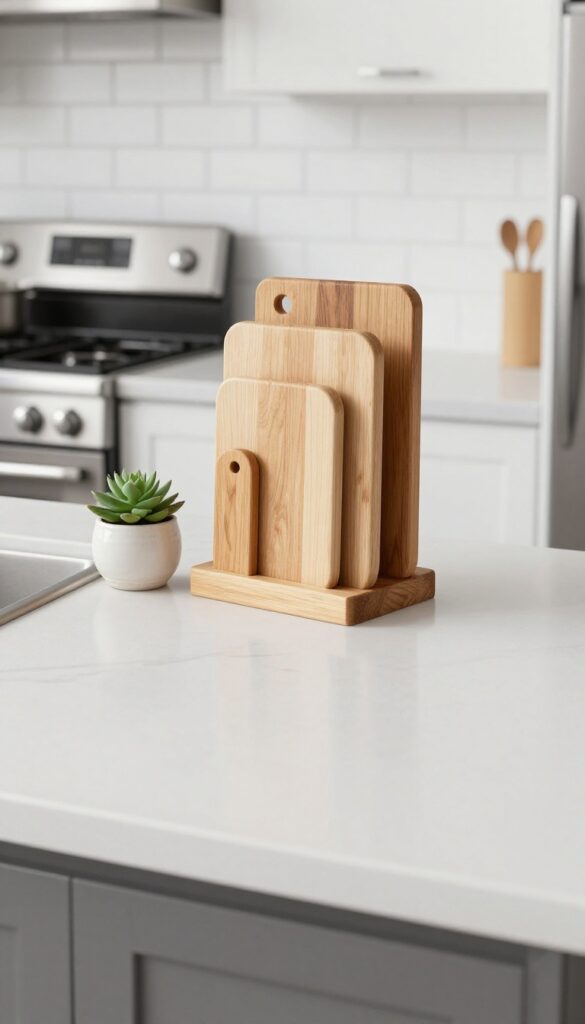 Vertical cutting board storage on a kitchen counter with a wooden stand, between sink and stove, with a small plant and salt cellar.