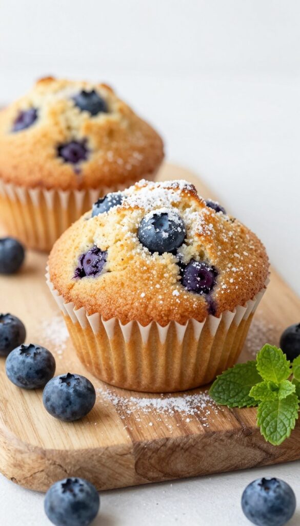 Slice of vegan blueberry muffin cake on a wooden board with fresh blueberries and mint