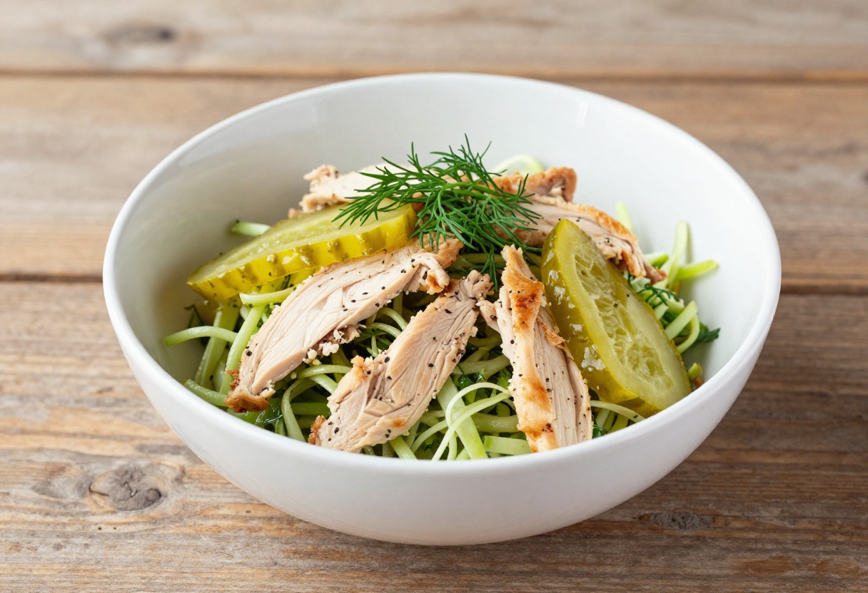 Bowl of dill pickle chicken salad on a wooden picnic table