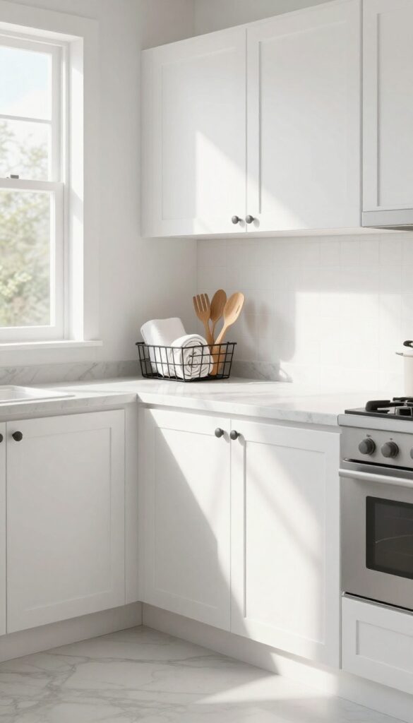 Under-shelf wire baskets in a bright kitchen holding rolled tea towels and utensils