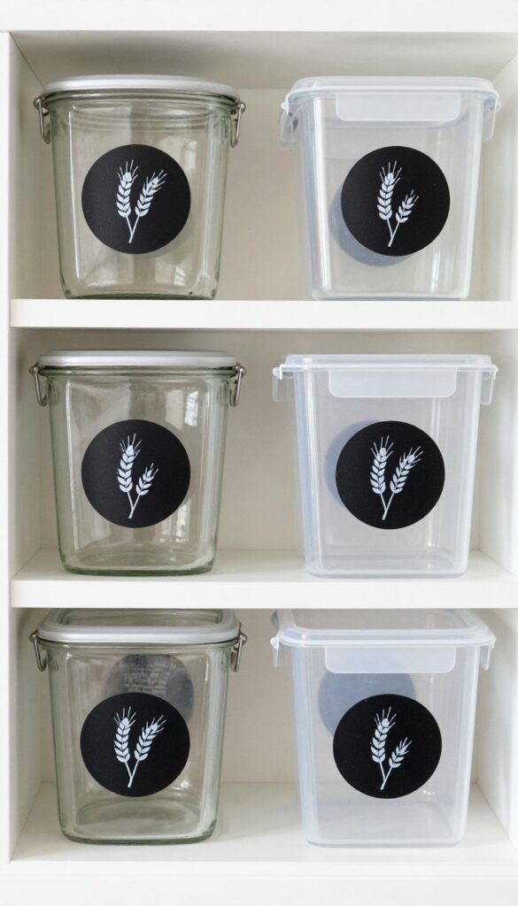A bright pantry shelf with clear jars and bins labeled with chalkboard stickers and white handwritten text, natural light, organized and cozy farmhouse style.