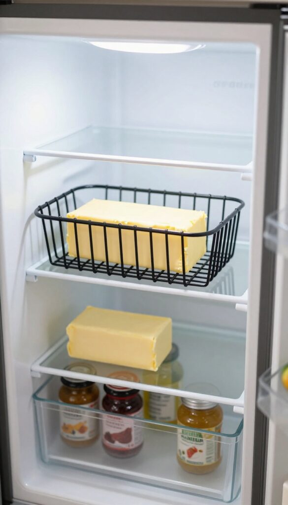 Under-shelf basket in fridge holding butter and sauce packets
