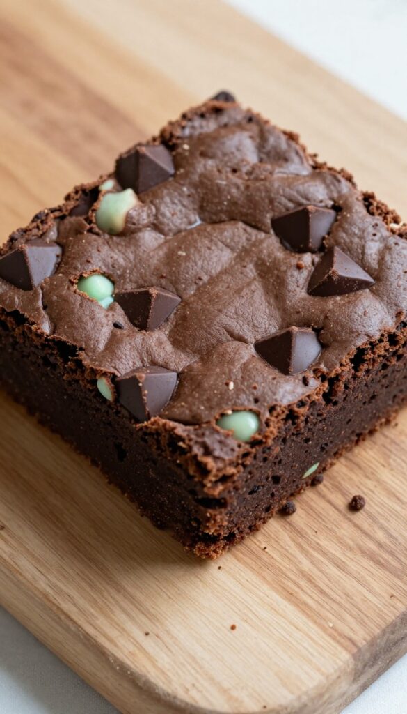 Gluten-free mint chocolate chip brownie on a wooden board