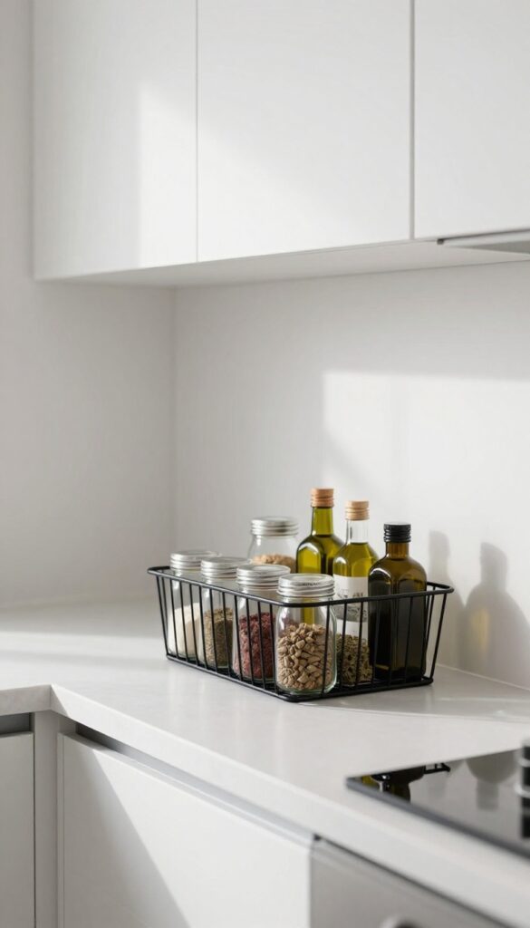Under-shelf wire basket holding spice jars in a bright, airy kitchen