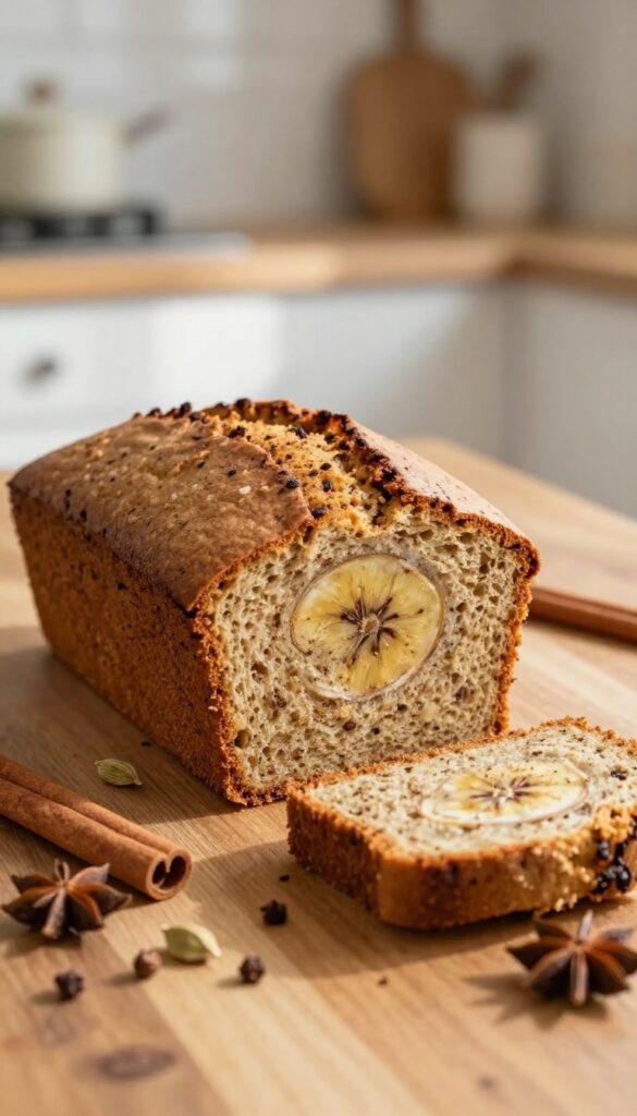 Sliced chai-spiced banana bread with whole spices on a wooden table