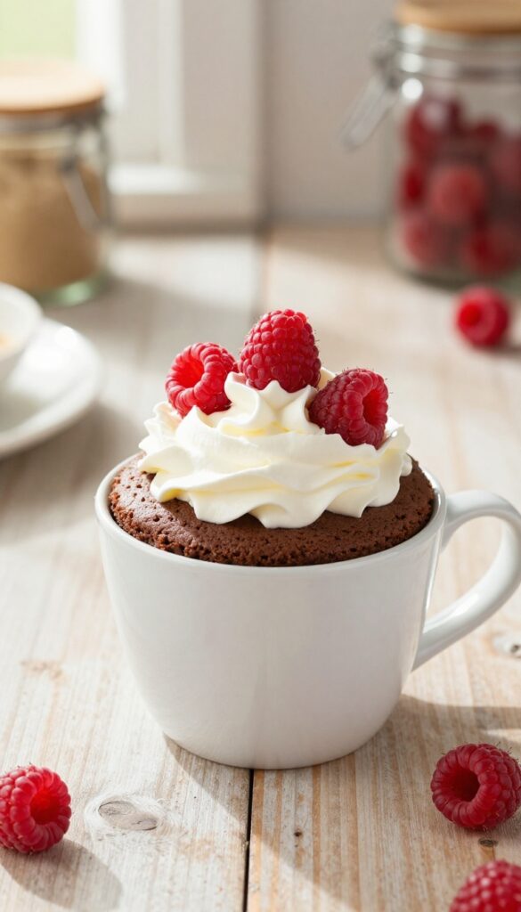 Coconut flour chocolate mug cake topped with whipped cream and raspberries in a white mug on a wooden table.