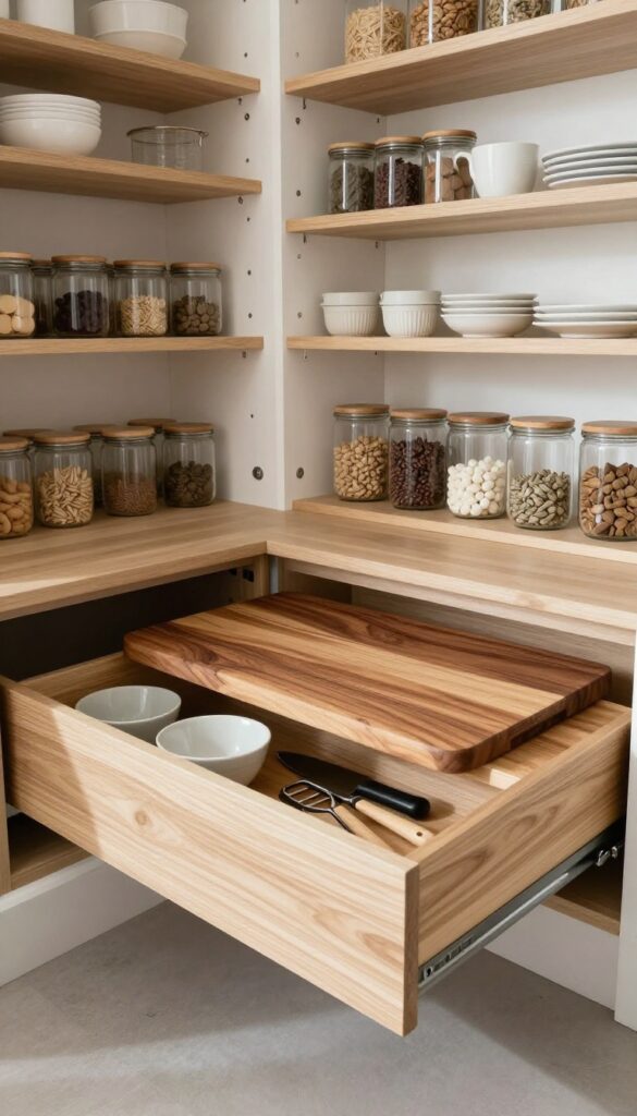 Pull-out cutting board shelf in a pantry with a wooden cutting board and drawer below holding kitchen tools