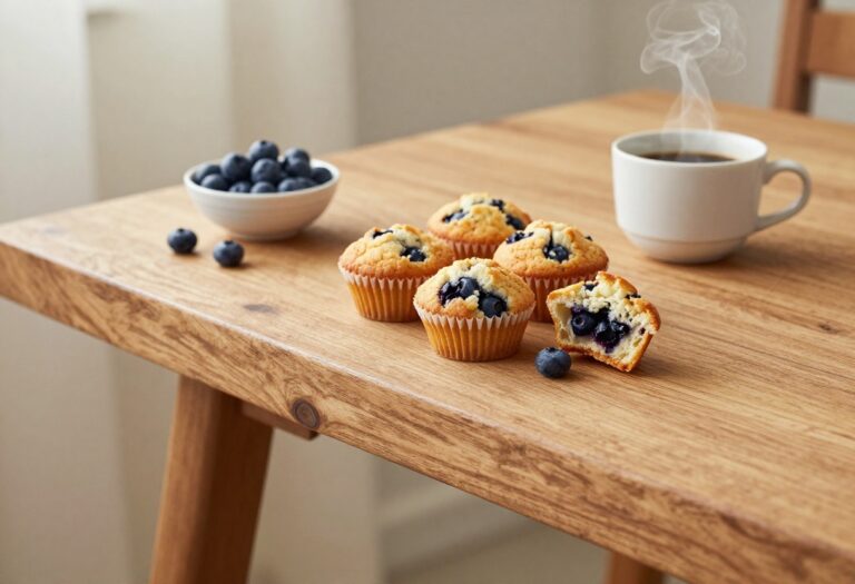 Freshly baked keto blueberry muffins on a wooden table with blueberries and coffee