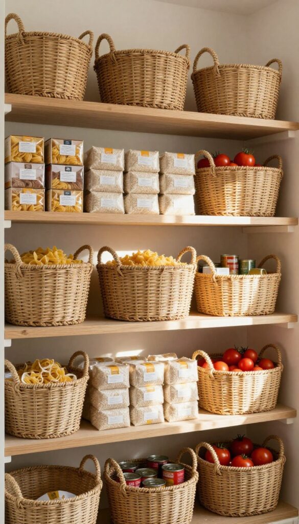 Narrow pantry shelf with seagrass and rattan baskets grouping like items, bright natural light, organized and cozy interior design.