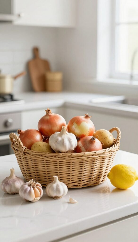 Open woven basket with onions, garlic, and potatoes on a kitchen counter, with a ceramic bowl and a lemon.