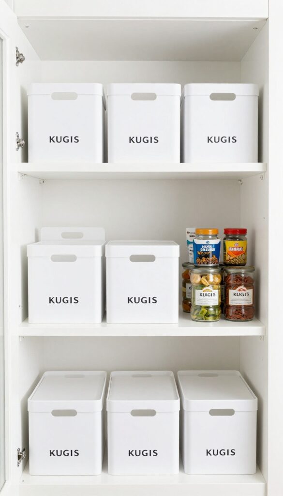 White KUGGIS boxes on deep pantry shelves organizing cans and jars