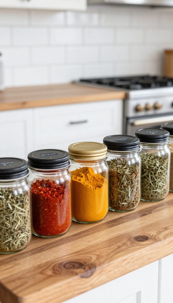 Mason jars filled with spices mounted on a wooden board on a kitchen wall