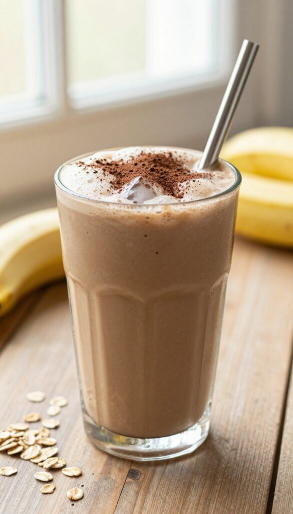 Coffee oats smoothie in a glass on a wooden table with natural light, banana and oats nearby.