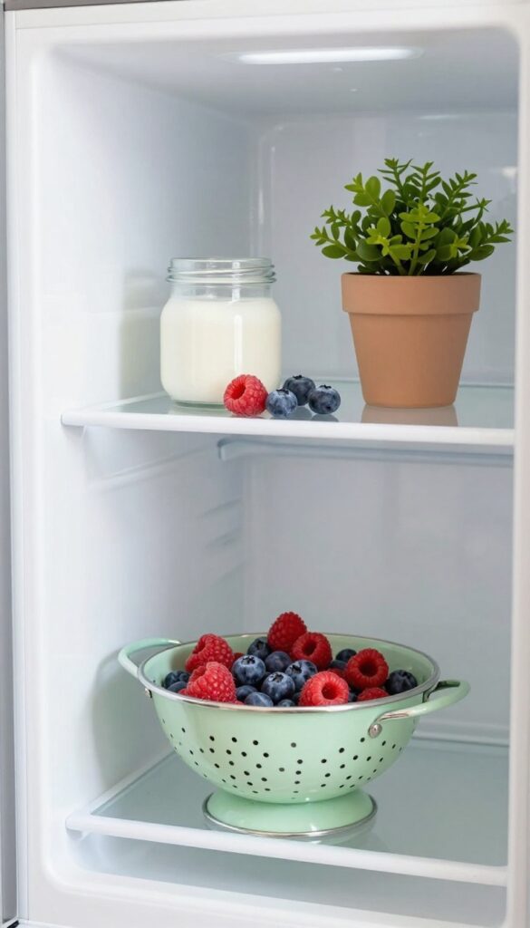 Mini colander filled with fresh berries inside a clean refrigerator, with a glass jar and small plant nearby.