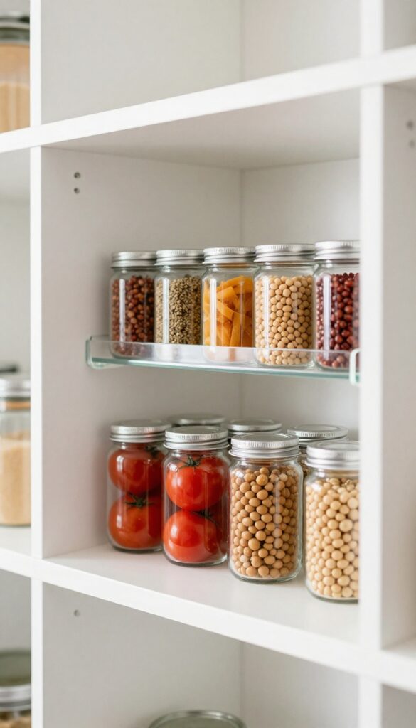 Open pantry shelf with clear acrylic tiered riser organizing cans and spice jars in two rows.