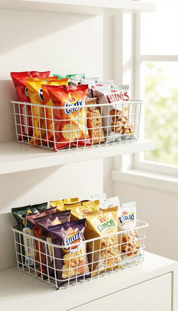Stackable wire baskets on a pantry shelf filled with snack bags and granola bars, neatly organized.