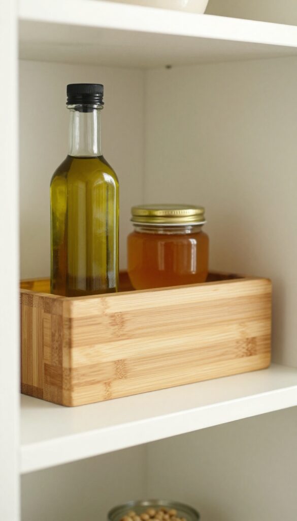 Pantry shelf lined with a bamboo cutting board holding glass jars and cans
