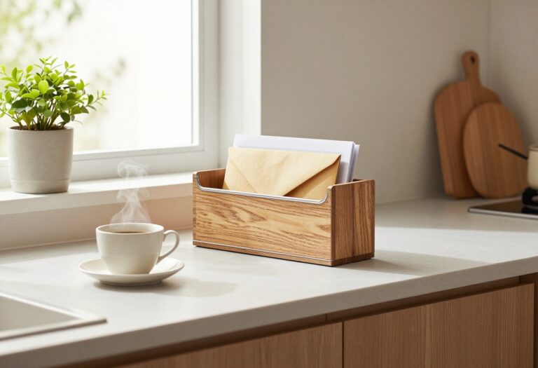 A clean kitchen counter with a small, stylish mail organizer made from repurposed materials, holding envelopes and papers neatly.