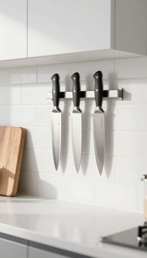 Sleek magnetic knife strip on a white tile backsplash holding shiny chef's knives, with a wooden cutting board nearby, in a bright modern kitchen.