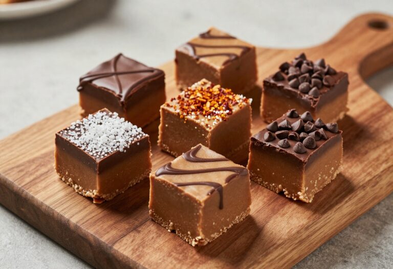 Five keto peanut butter fudge squares with different toppings on a wooden board