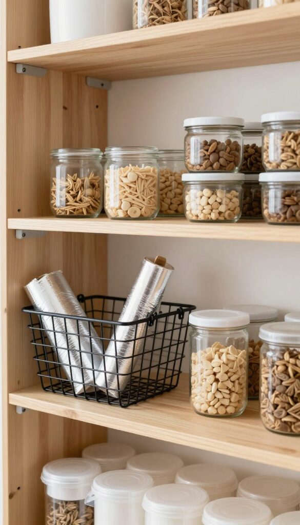 Under-shelf basket installed beneath a pantry shelf, holding foil and plastic wrap, with organized pantry shelves in the background.