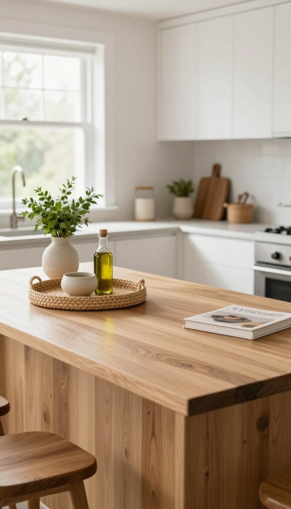 A kitchen island with a large woven tray containing a ceramic oil dish, a small herb vase, and a cookbook, styled in bright natural light.