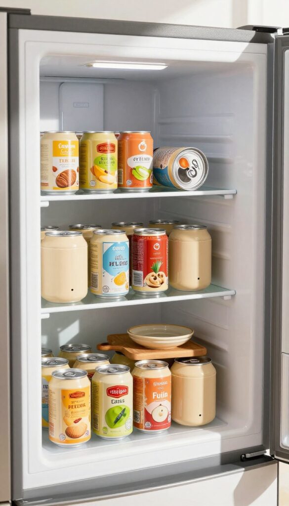 Stackable can dispensers in a fridge with cans lined up, wooden cutting board and ceramic dish nearby, bright natural light.