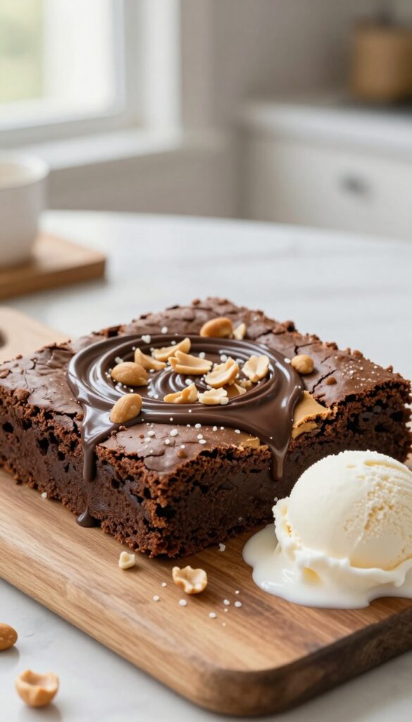 Double peanut butter crunch brownie with chopped peanuts and chocolate drizzle, served with vanilla ice cream on a wooden board.