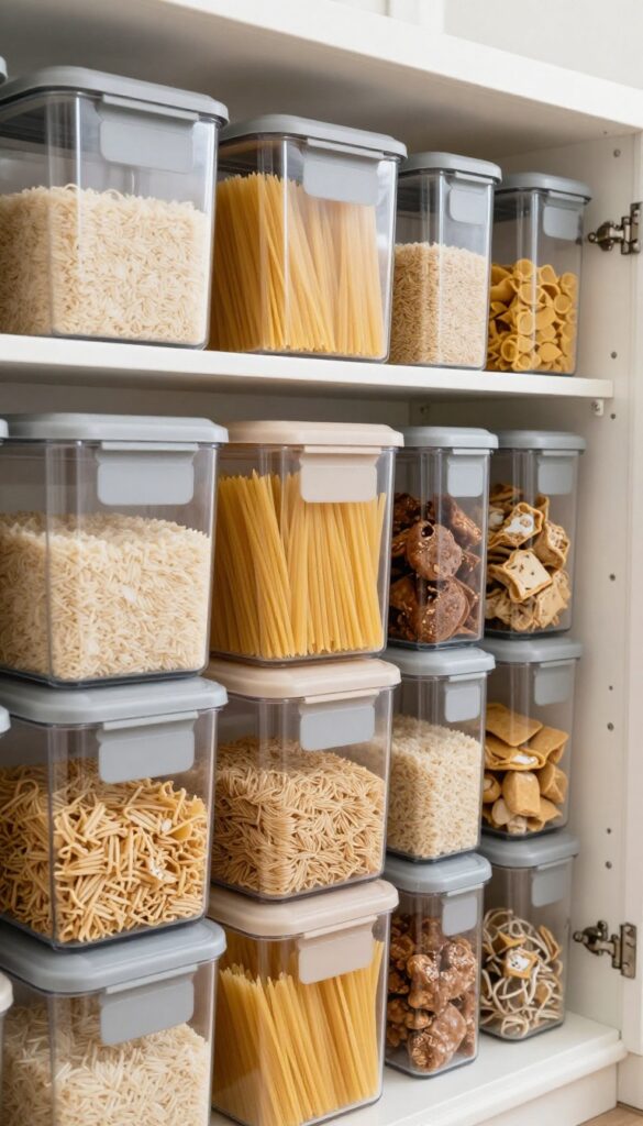 Clear uniform bins on a deep pantry shelf filled with pasta, rice, and snacks, with soft gray lids and chalk labels, in bright natural light.