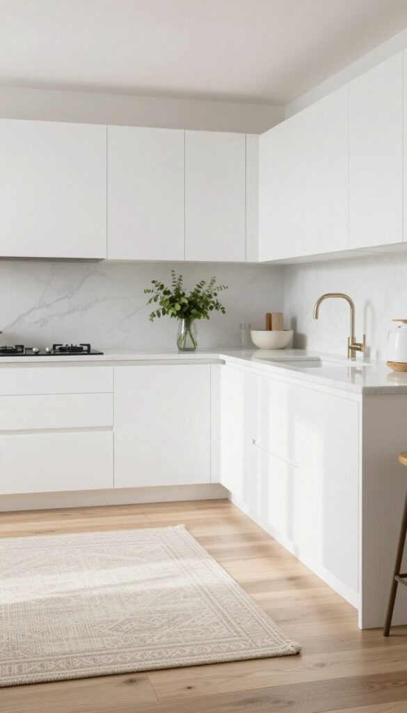 Cozy kitchen with a muted patterned runner rug on light wood floor, adding warmth and texture under a kitchen island.