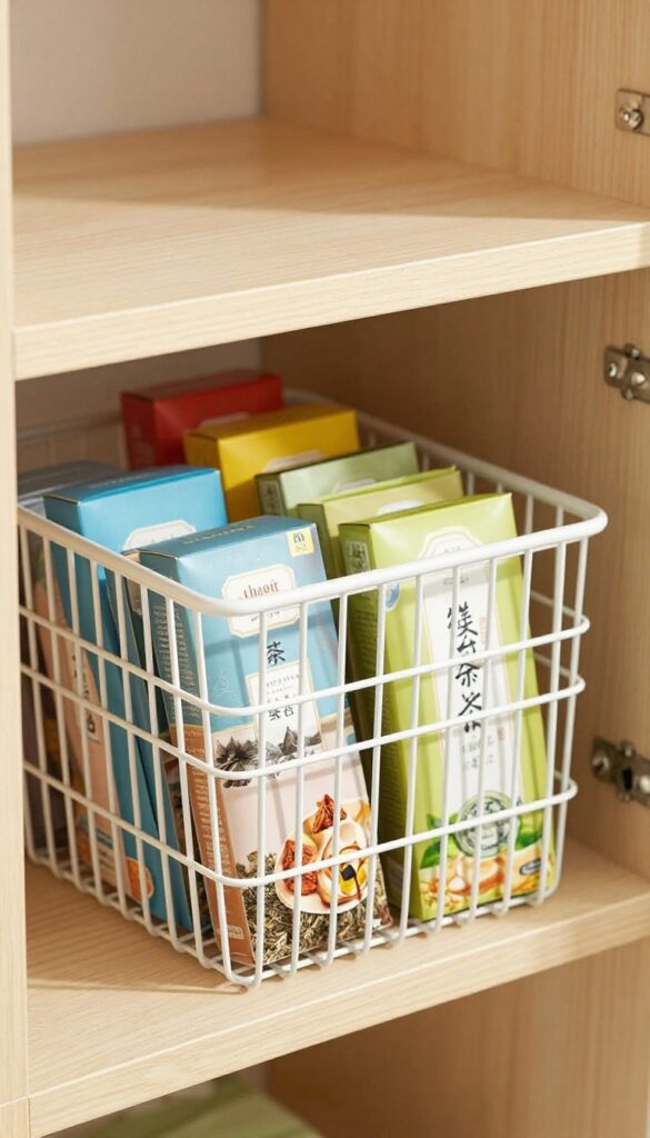 White wire basket hung under a pantry shelf holding tea boxes and snacks