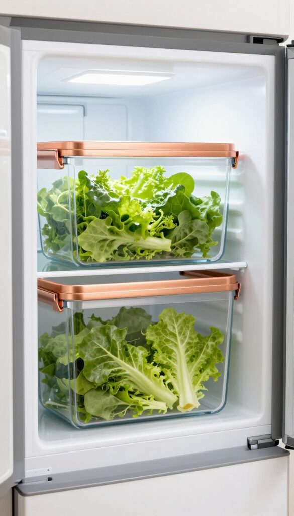 Binder clip holding a salad bag upright in a refrigerator bin