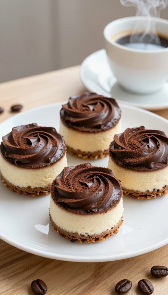 Mocha cheesecake bites on a plate with coffee cup and coffee beans