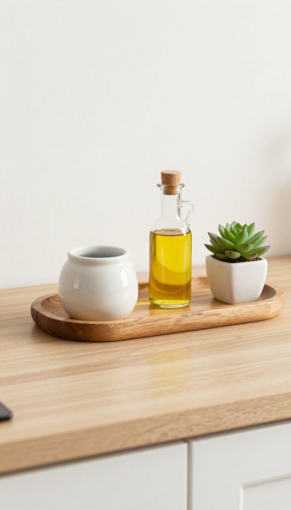 Wooden tray on kitchen countertop holding salt cellar, oil bottle, and succulent, creating a calm and organized look.