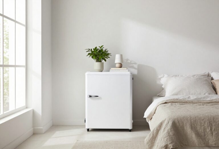 Modern bedroom with a white mini fridge styled as a nightstand, featuring a lamp, books, and a plant.