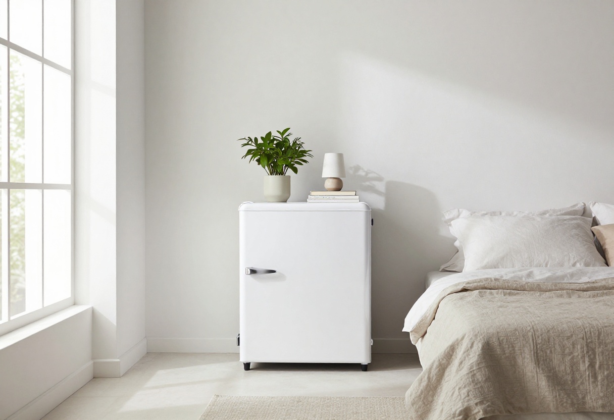 Modern bedroom with a white mini fridge styled as a nightstand, featuring a lamp, books, and a plant.