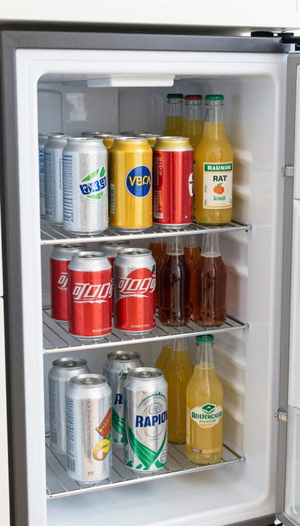 Mini fridge with tiered wire cooling racks displaying cans and bottles in an organized, cascading arrangement.