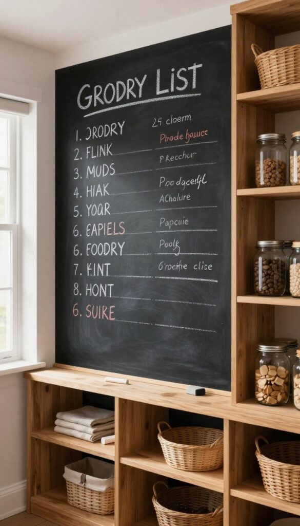 A pantry with a chalkboard wall for inventory, featuring handwritten lists and organized shelves.