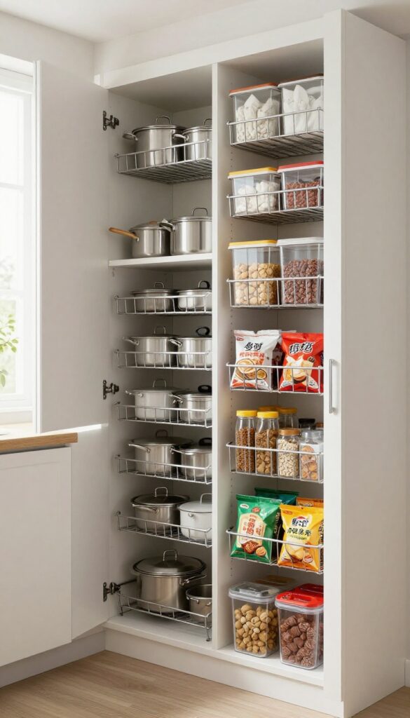 Pull-out wire baskets in a deep pantry cabinet, fully extended to show organized pots, pans, and clear bins.