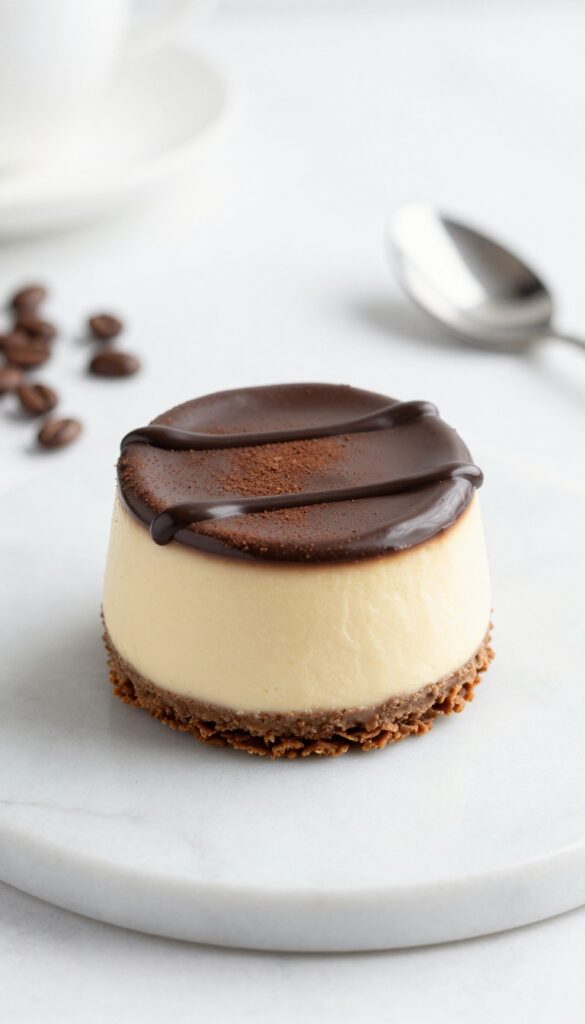 Mocha espresso mini cheesecake dessert cup with dark chocolate drizzle on marble table