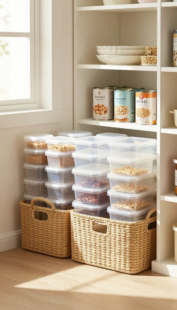 Divided woven basket storing plastic container lids upright on a pantry shelf, organized by size, with natural light and tidy surroundings.