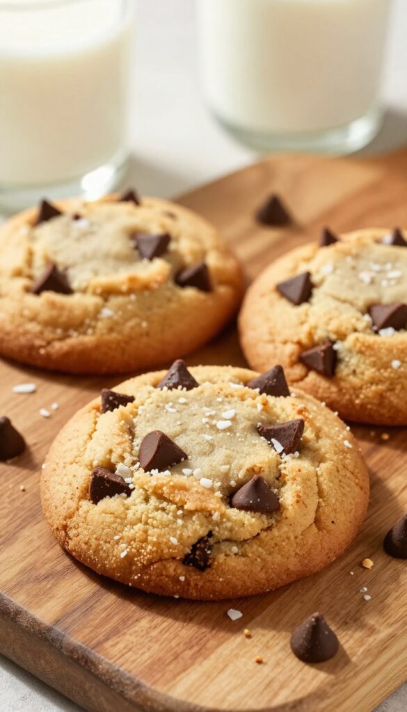 Two coconut flour chocolate chip cookies on a wooden board with chocolate chips and coconut flakes.