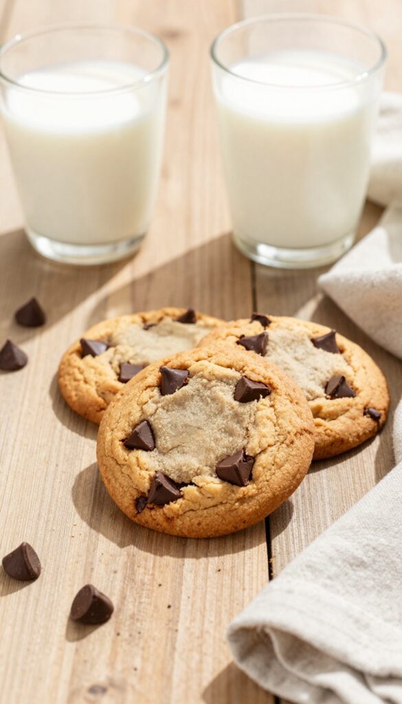 Freshly baked vegan gluten-free chocolate chip cookie on a wooden table with almond milk.