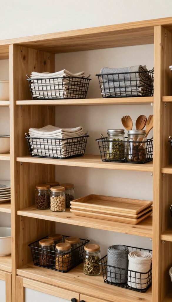 Under-shelf wire baskets holding tea towels, spice jars, and utensils in a bright commercial kitchen with open shelving.