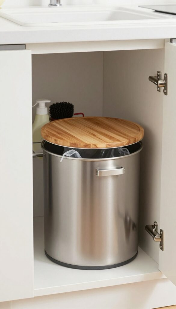 Open kitchen cabinet under sink with a sleek stainless steel compost bin with wood lid, beside cleaning supplies, bathed in natural light.