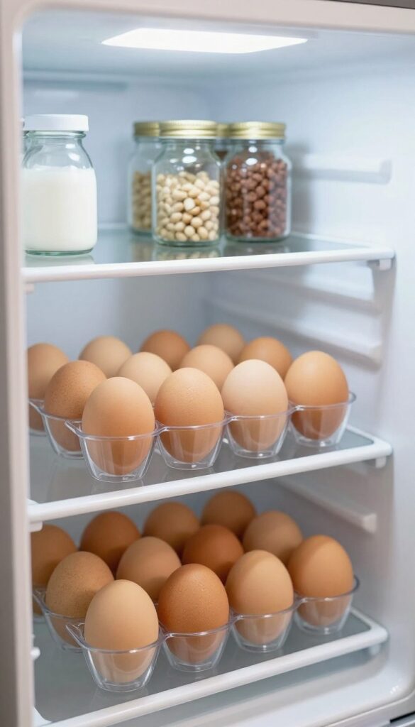 Clear plastic egg holder on a refrigerator door shelf, filled with brown eggs, with bottles and jars nearby.