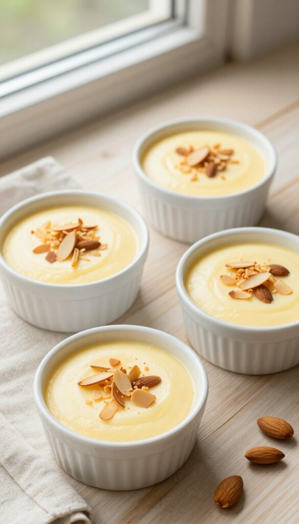 Three ramekins of vanilla custard topped with toasted almonds on a wooden table