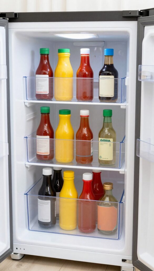 Dorm fridge door shelves organized with clear mini drawer dividers holding condiment bottles upright.