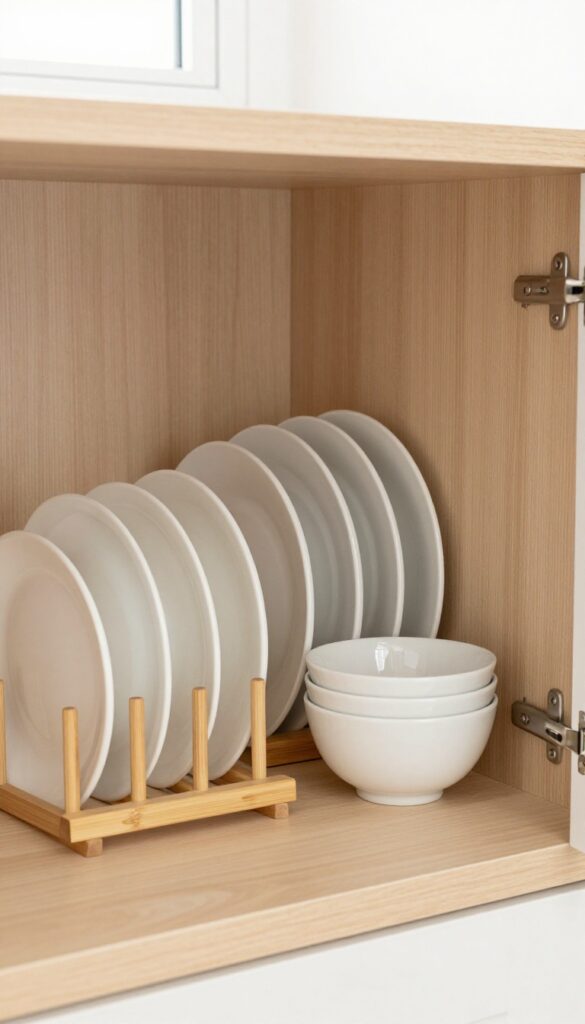 White plates stored vertically in a bamboo rack inside a kitchen cabinet, with natural light and a tidy, organized look.