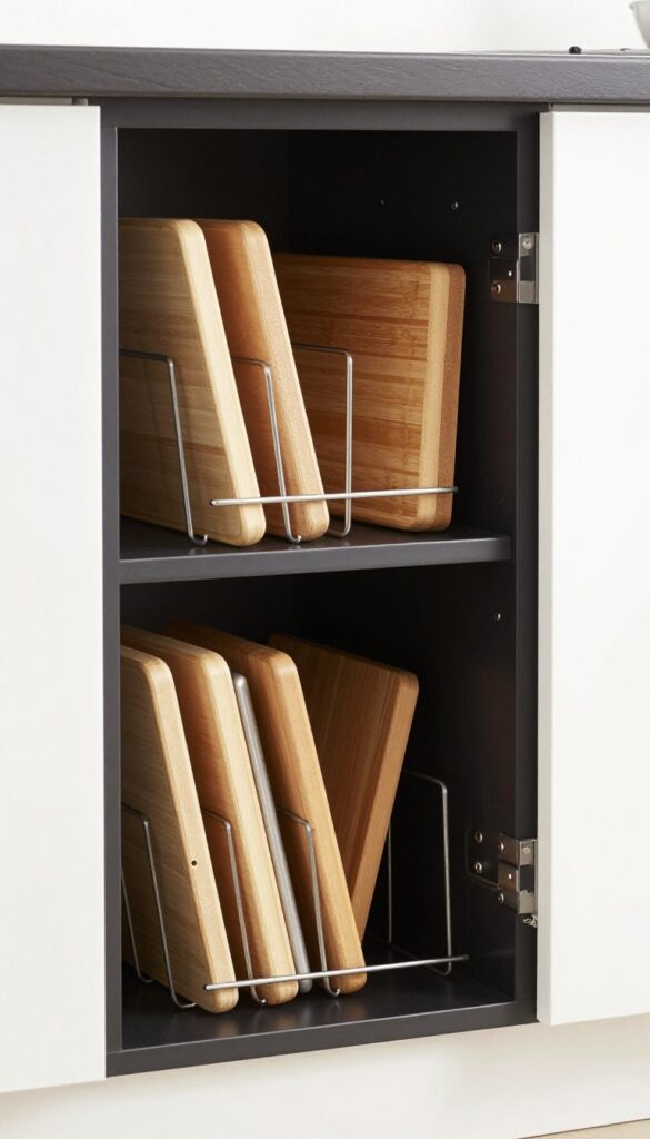 Vertical file organizer in a kitchen cabinet holding baking sheets and cutting boards upright, neatly arranged.